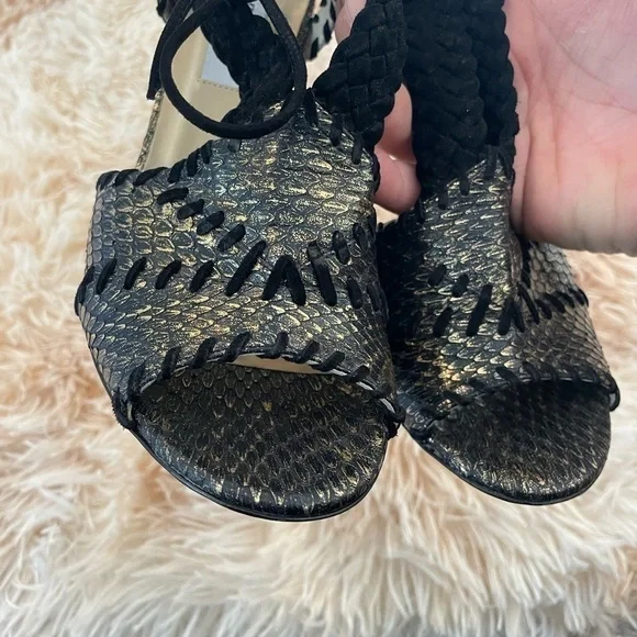 JIMMY CHOOBlack & Gold Snake Skin Print Suede Peep Toe Lace Up Heels39.5 9